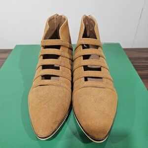 Tan Faux Suede Lattice Ankle Boots Booties Size 7 Camel Suede Flats NWOB